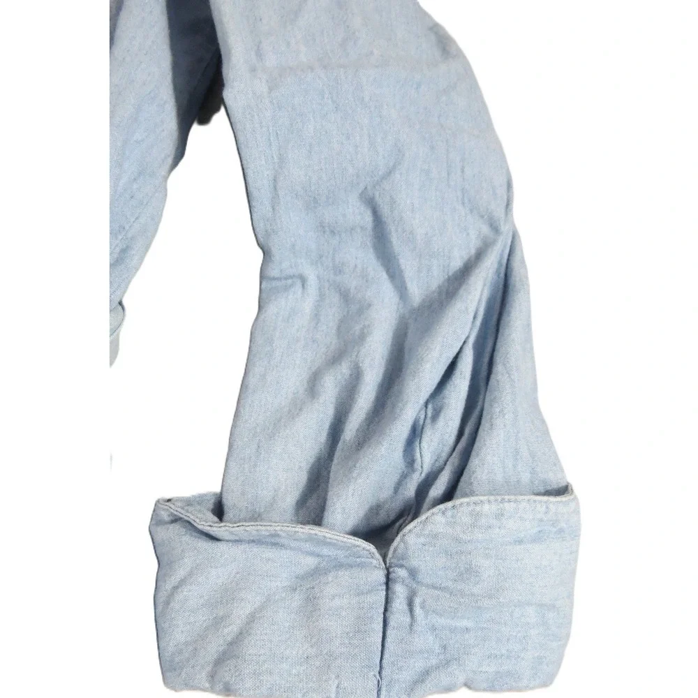 VTG 90s Club Room Robe Men M Blue Cotton Chambray Long Sleeve Bathrobe Lounge - Picture 10 of 14